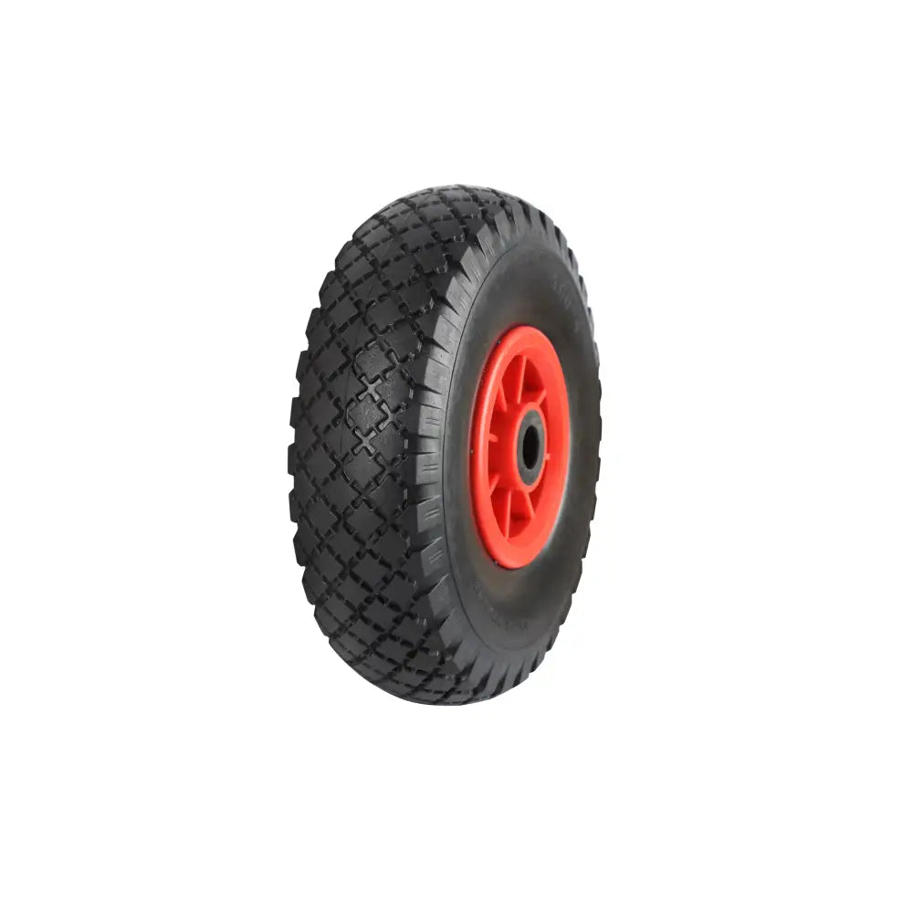 Black pneumatic tyred wheels with red polypropylene centres