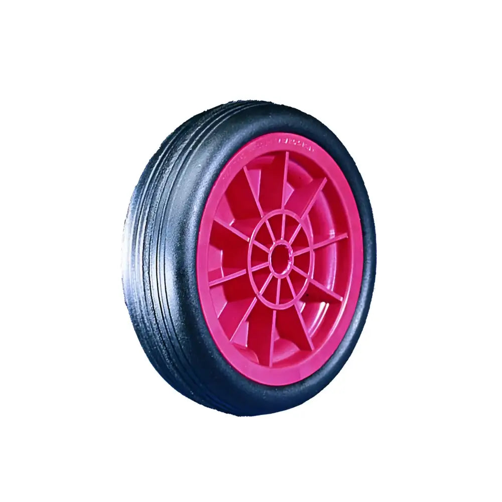 Black solid rubber tyred wheels with red polypropylene centres