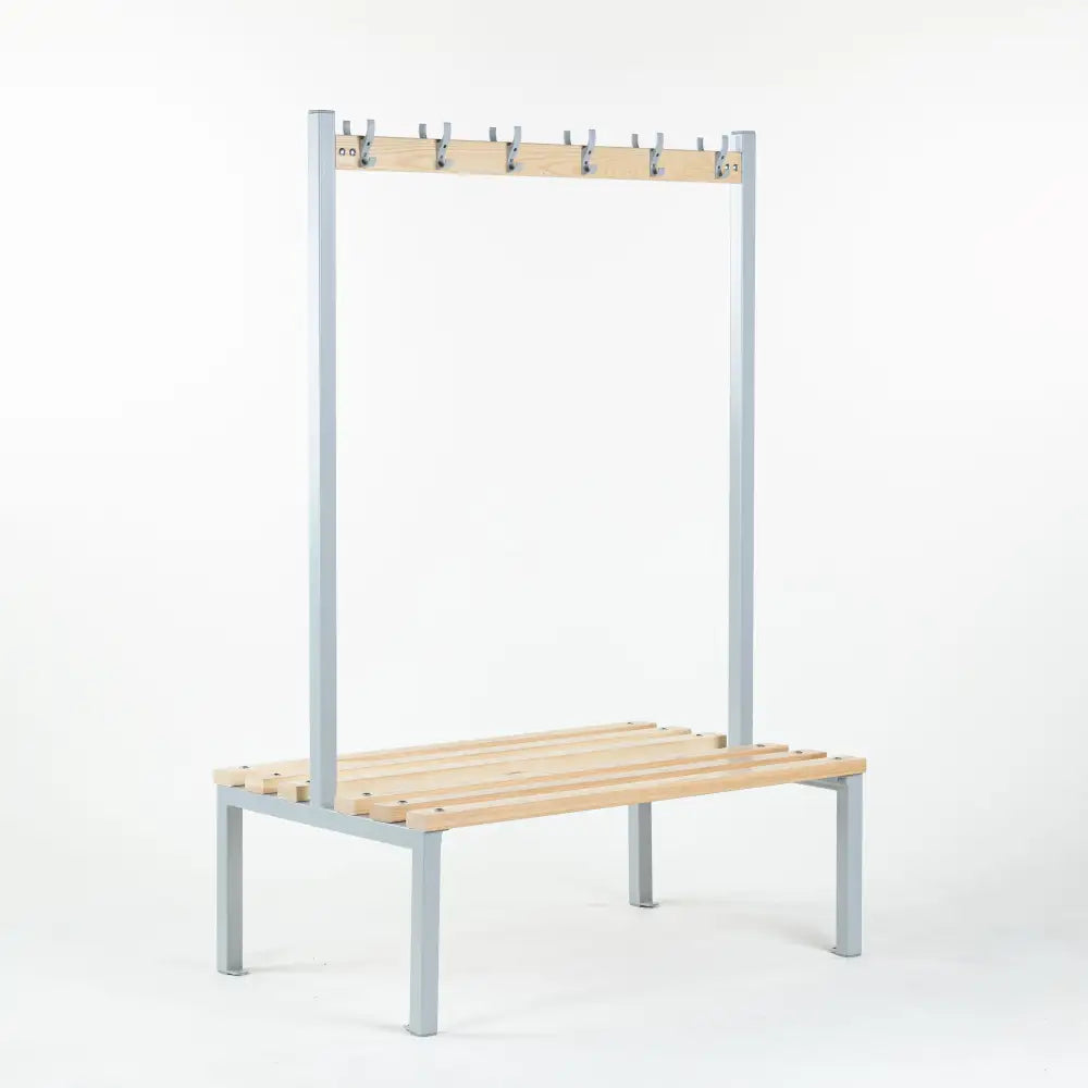 Double sided cloakroom bench with coat hooks