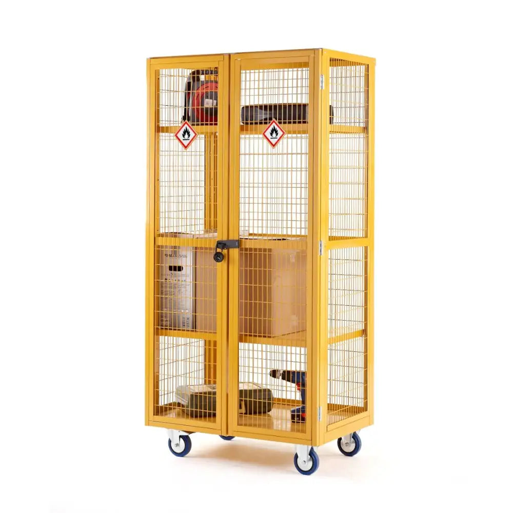 Hazardous distribution cages with doors