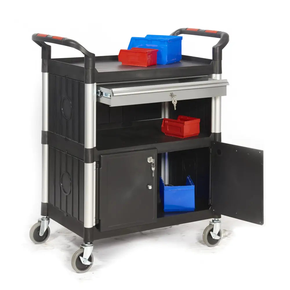 Proplaz shelf trolley - lockable steel drawer & cupboard