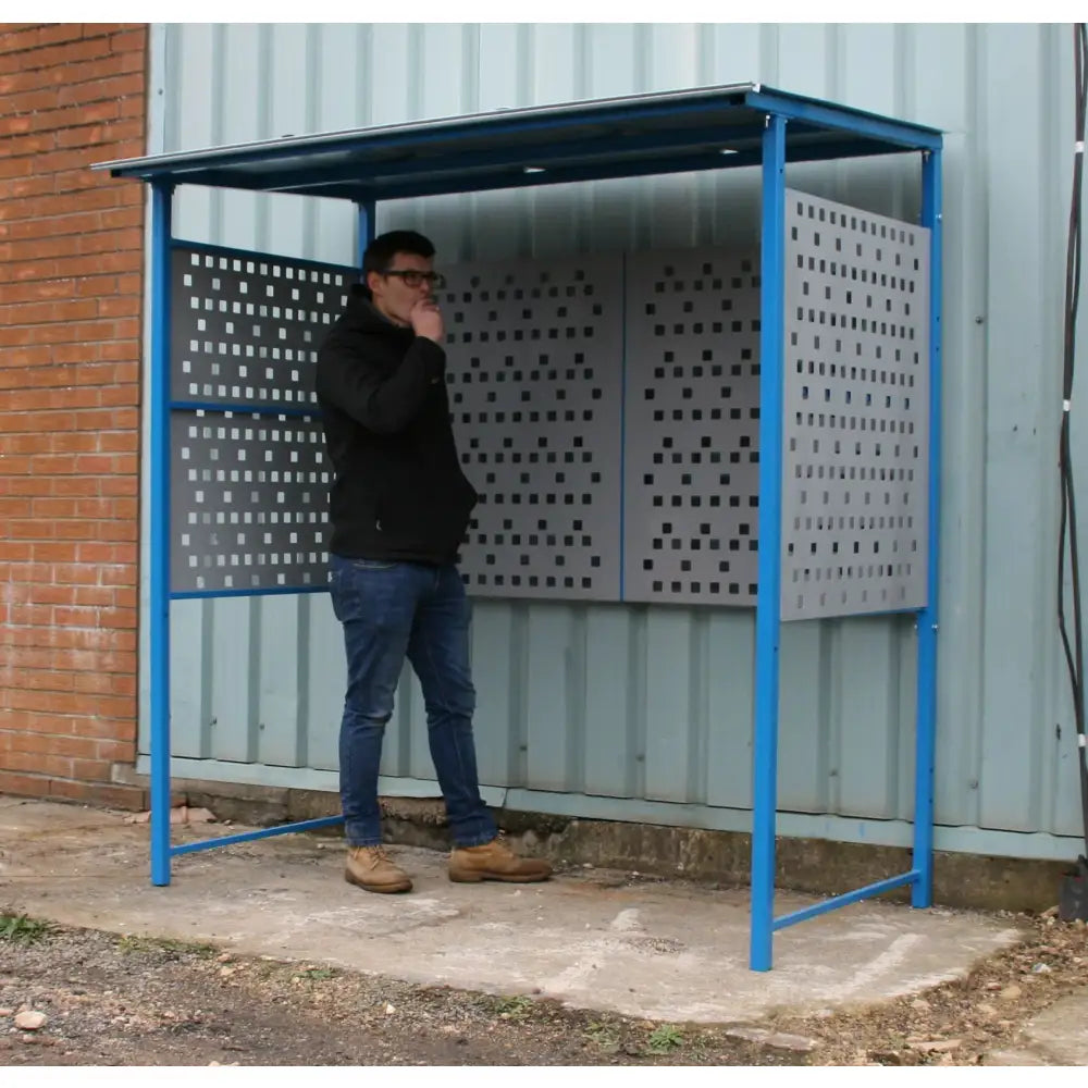 Smoking shelter with punched steel sides & back panel