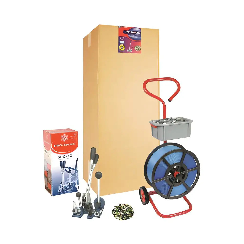 Strapping kit with 12mm pp mobile dispenser and combination tool