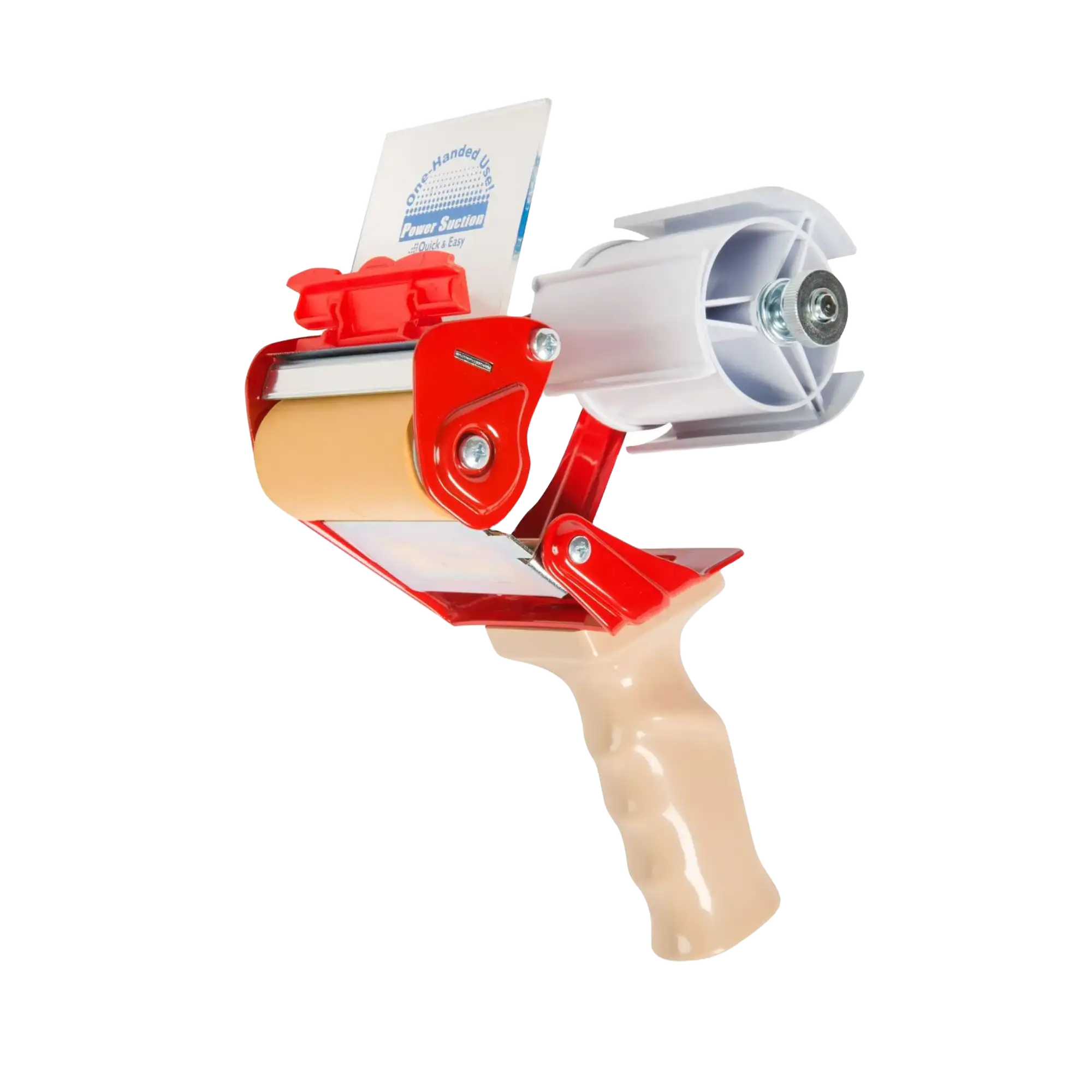 Tape dispenser with red and beige design on a white background