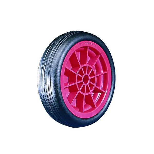 Black solid rubber tyred wheels with red polypropylene centres
