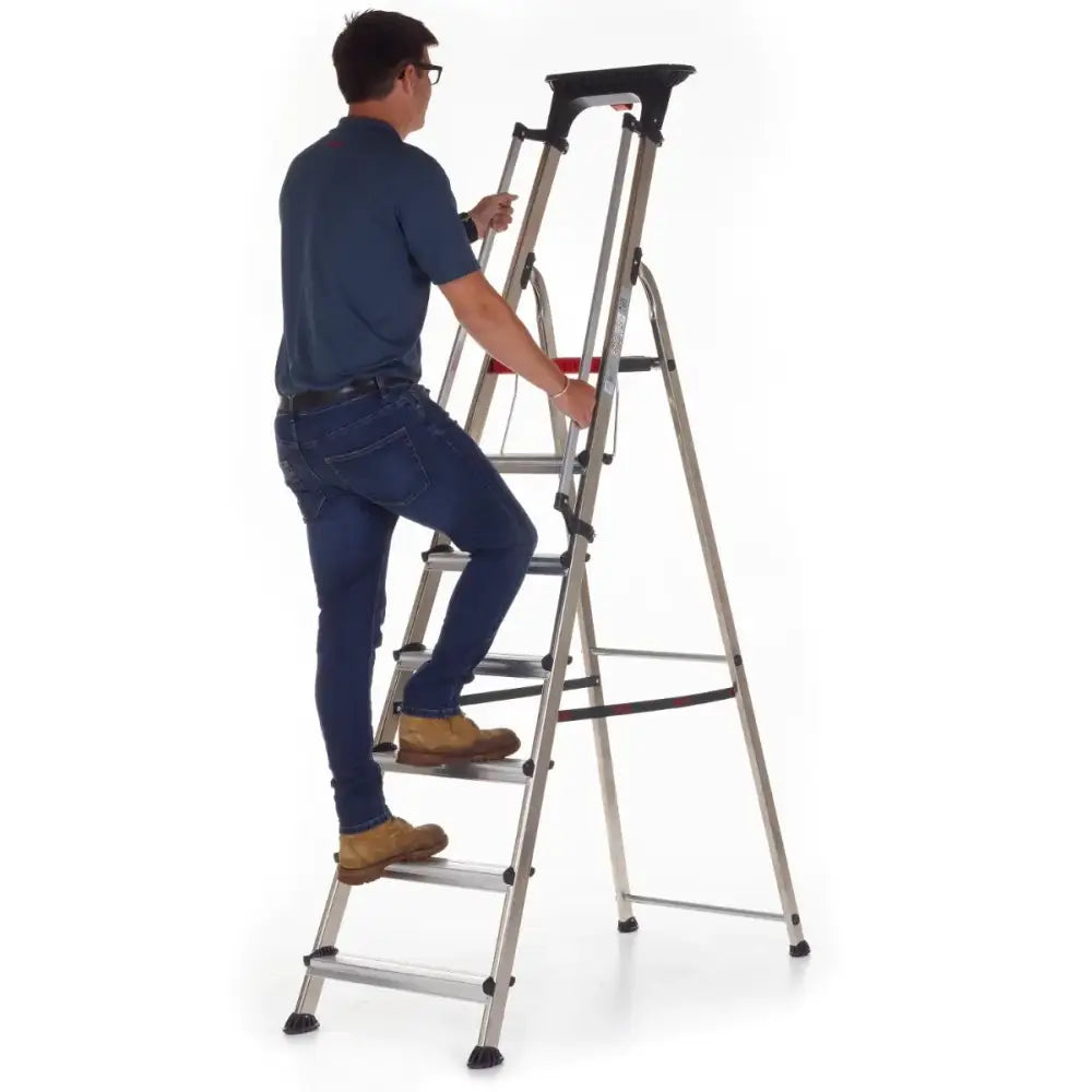Double decker aluminium stepladder with tool tray
