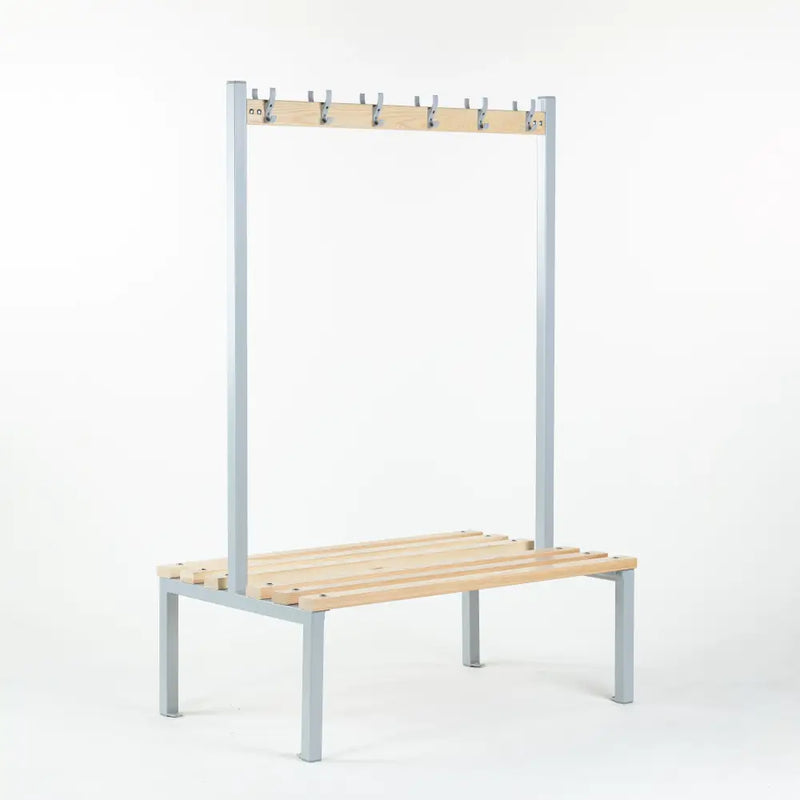 Double sided cloakroom bench with coat hooks