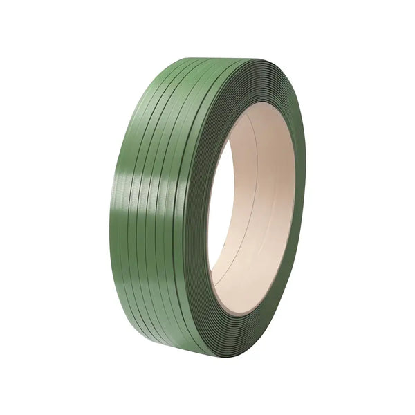 Green embossed pet strapping 15mm x 0.9mm 1200mtr. 511kg break strain