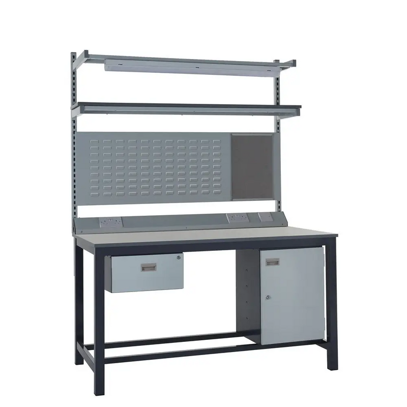 Heavy Duty Workbench Kits with Laminate Tops Get Me Packaging Single Drawer & Cupboard & Louvred Back Panel & Upper Shelf & Service Duct & LED Light 840 x 1200 x 750