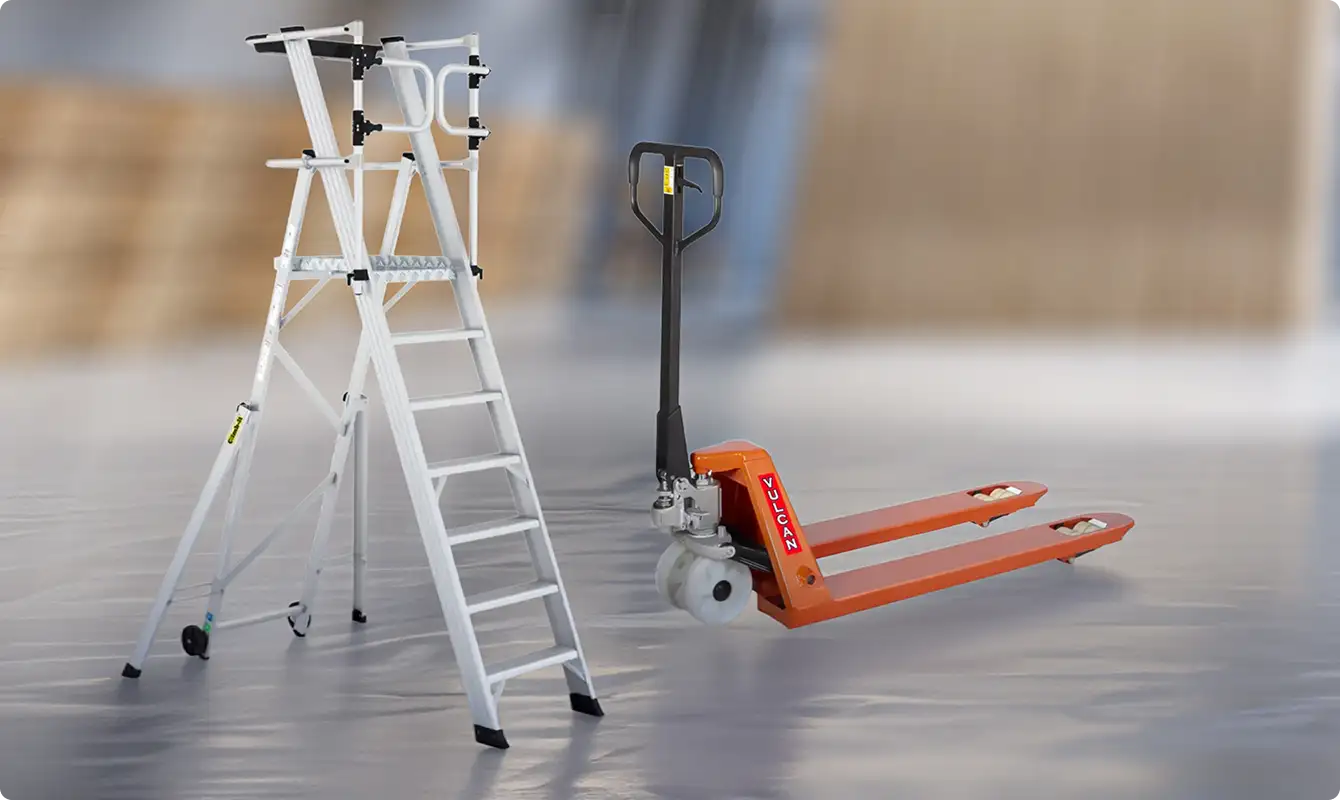 Industrial warehouse products pallet truck and step ladders