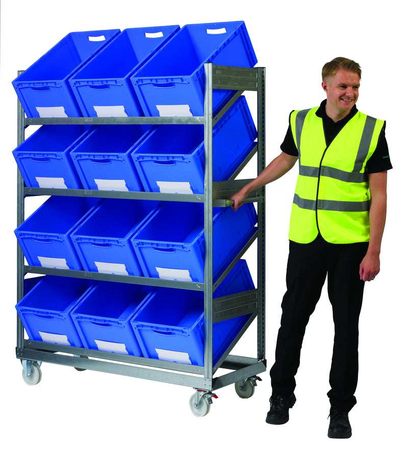 Inclined Mobile Shelving  Get Me Packaging With Blue Containers  