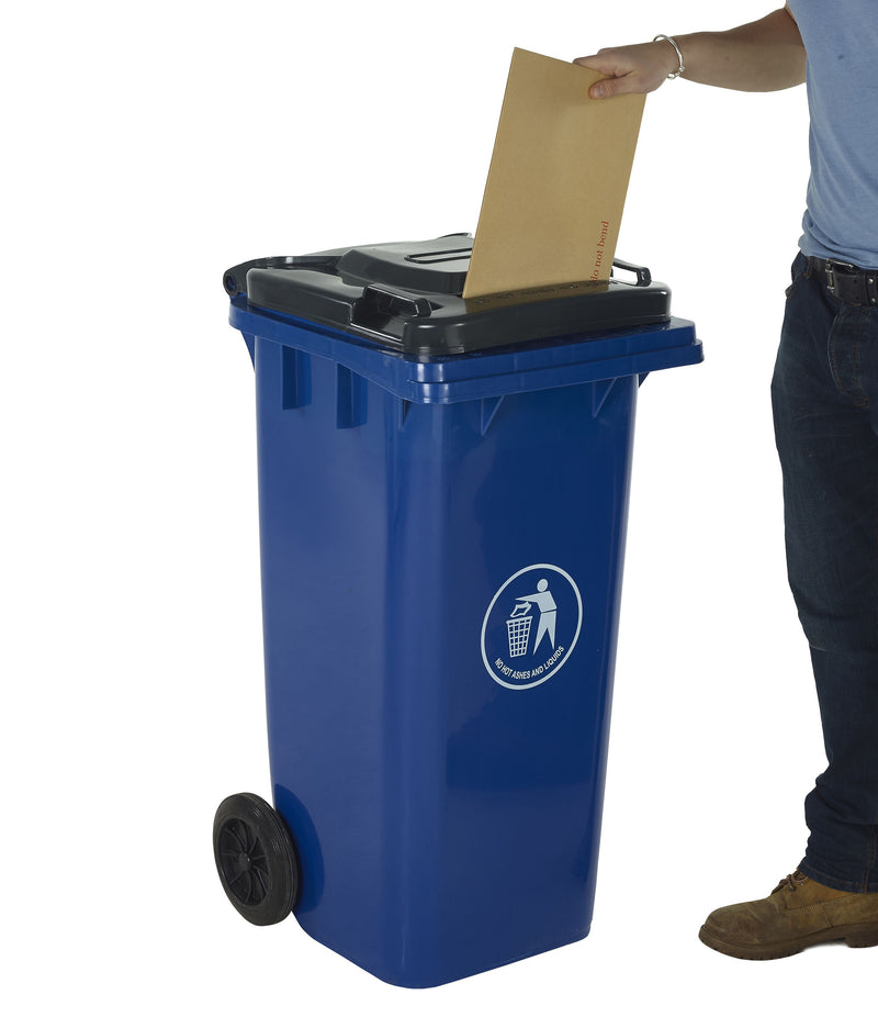 Wheeled Bins with Letter Slot Lid  Get Me Packaging 120 Blue 