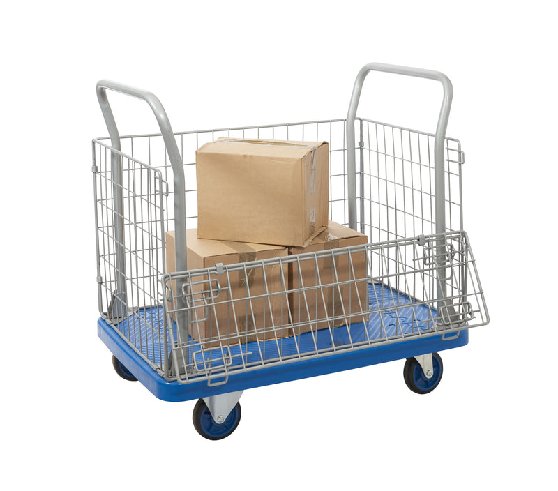 Proplaz Blue Platform Trolleys  Get Me Packaging Mesh Truck with Open Top & 1/2 Drop Side 900 x 600 x 210 