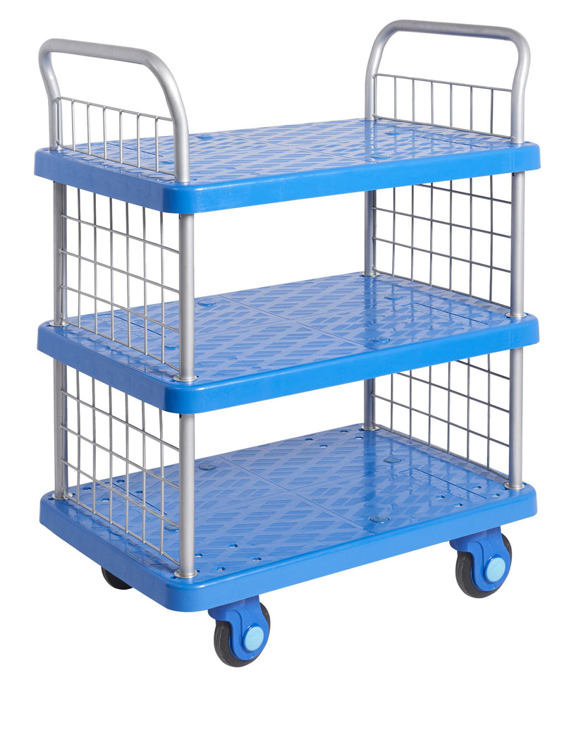 Proplaz Super Silent Shelf Trolleys  Get Me Packaging Three Tier Trolley with Mesh Ends  