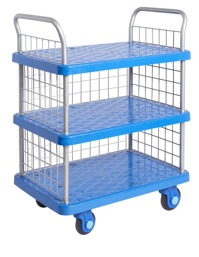 Proplaz Super Silent Shelf Trolleys  Get Me Packaging Three Tier Trolley with Mesh Side and Ends  