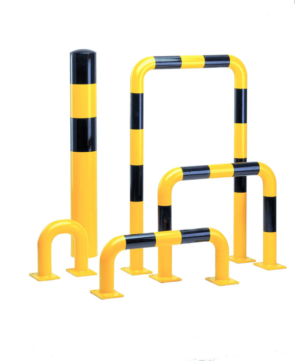 Traffic Line - Corner Protection Hoops  Get Me Packaging Yellow with Black Bands - Surface Fixing Plate Galvanised & Powder Coated 1200 x 600