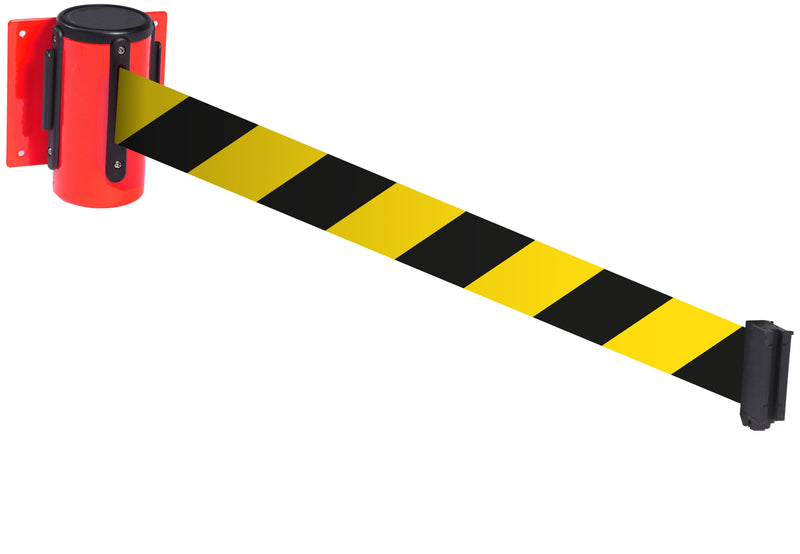 Wall Mounted Belt Barriers - Chevron belt  Get Me Packaging Red 2300 Black & Yellow