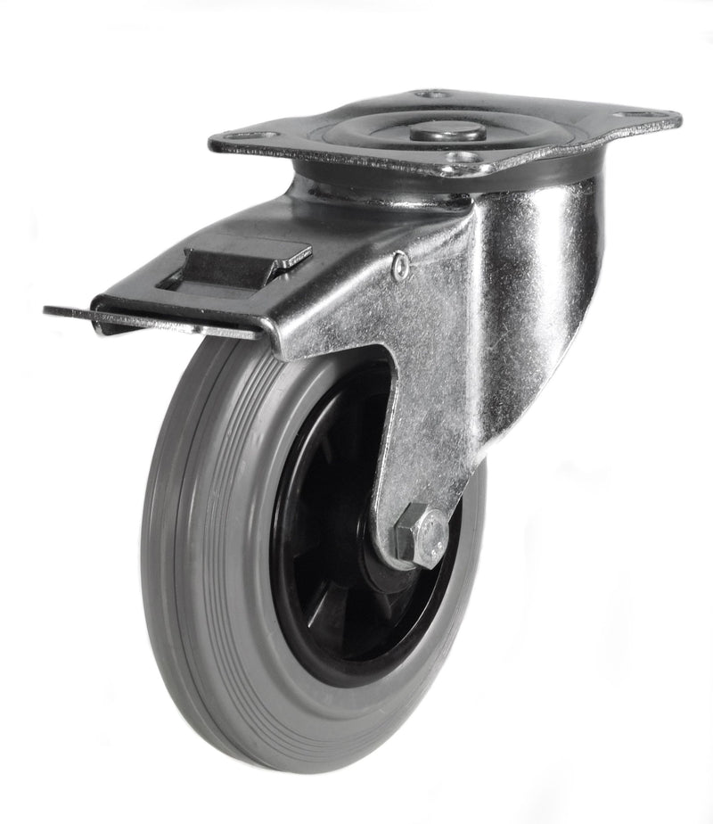 Light Duty Top Plate Castors  Get Me Packaging Braked 50 Grey Rubber Tyred