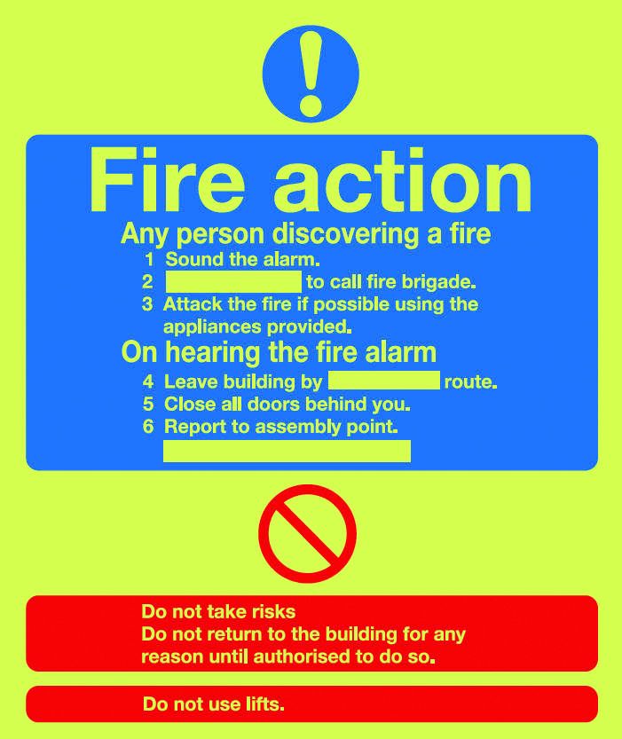 Photoluminescent Signs  Get Me Packaging PHOTOLUMINESCENT - FIRE ACTION - 300 x 250mm 1mm Rigid Plastic 