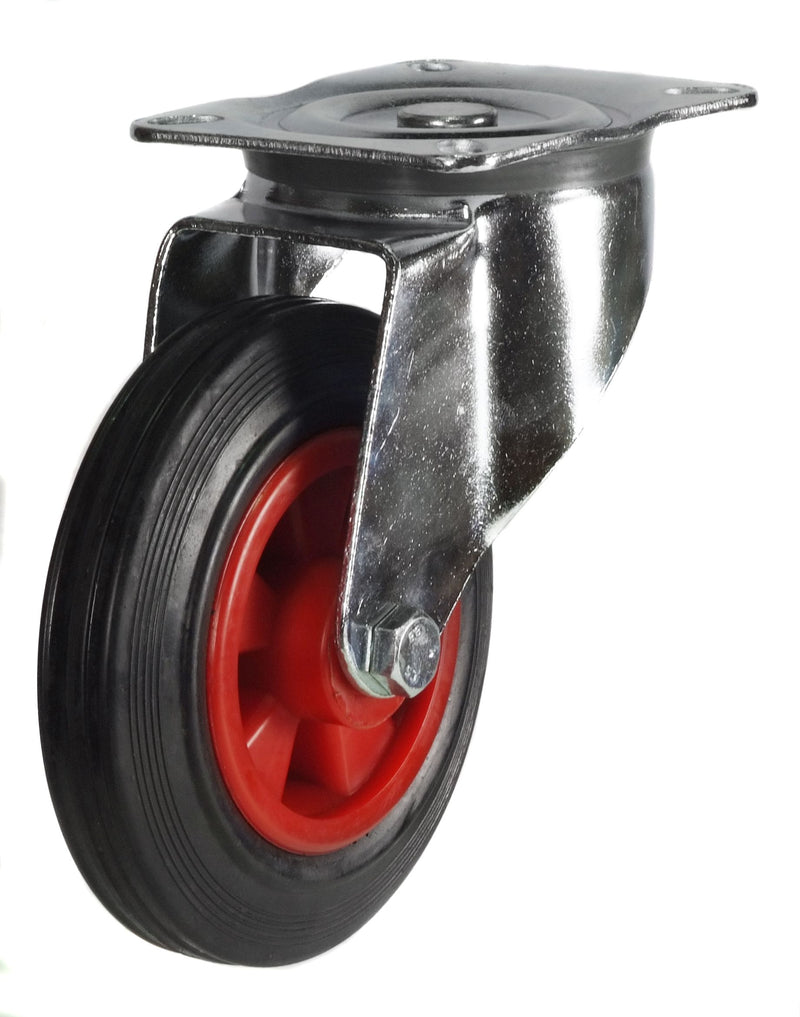 Top Plate Medium Duty Castors  Get Me Packaging 100mm Braked Black Rubber Tyred