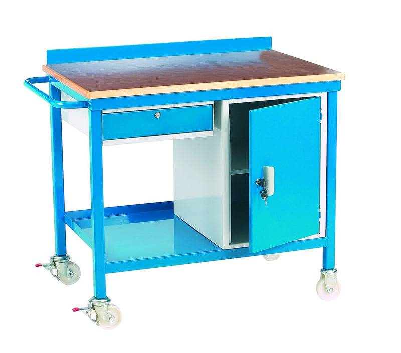 Mobile Work Benches  Get Me Packaging Mobile Work Bench with Single Drawer & Cupboard 18mm Plywood Work Top 