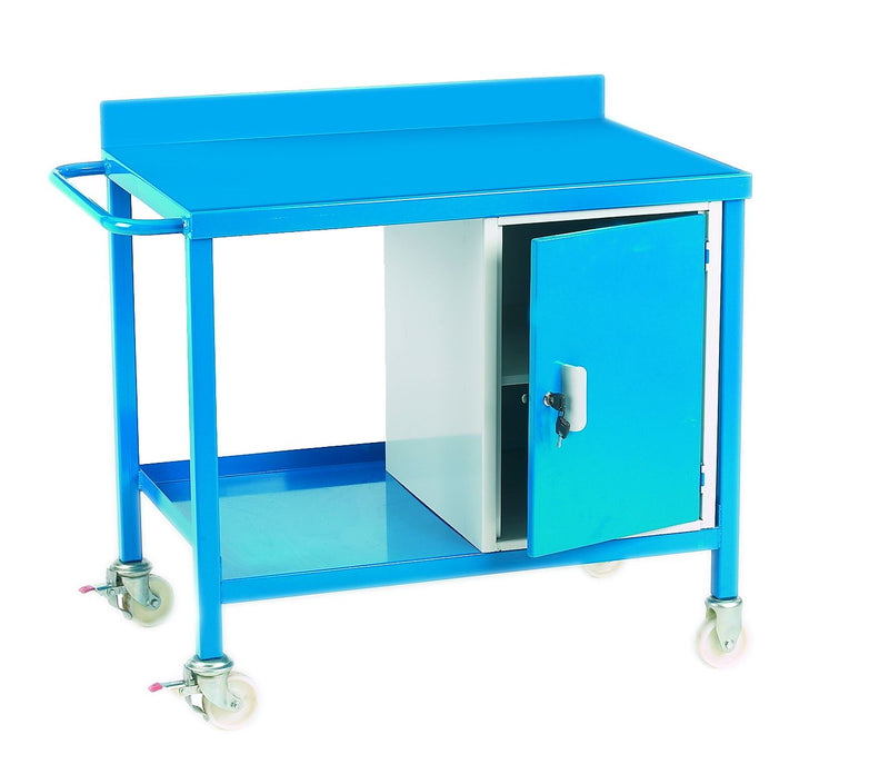 Mobile Work Benches  Get Me Packaging Mobile Work Bench with Cupboard 2mm Steel Work Top 