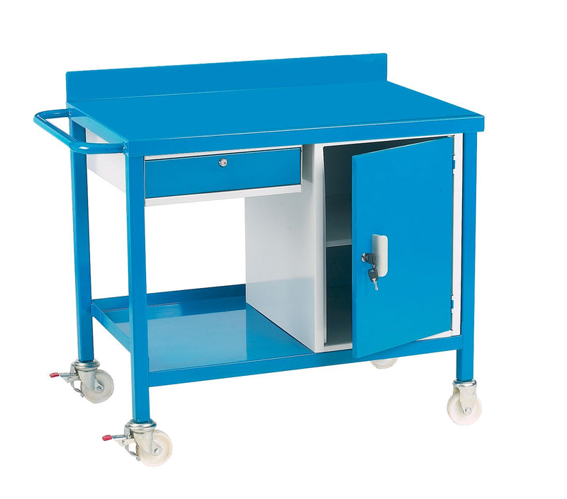 Mobile Work Benches  Get Me Packaging Mobile Work Bench with Single Drawer & Cupboard 2mm Steel Work Top 