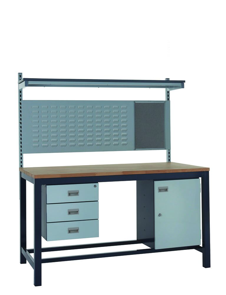 Heavy Duty Workbench Kits with Beech Tops  Get Me Packaging Triple Drawer & Cupboard & Louvred Back Panel & Upper Shelf 840 x 1200 x 750 