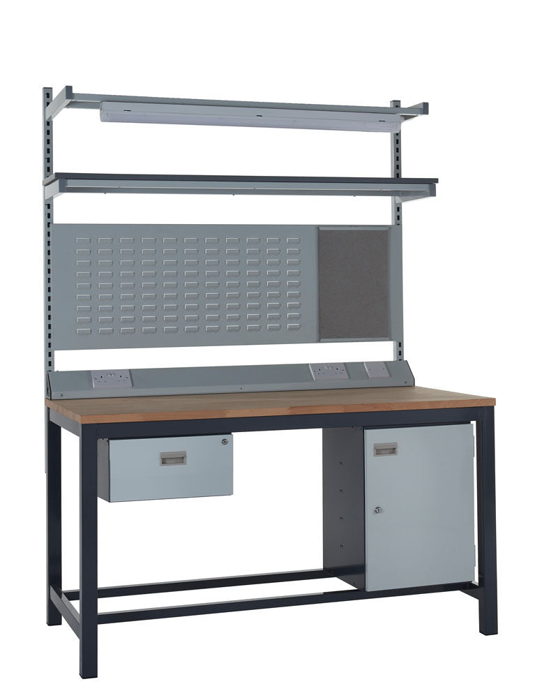 Heavy Duty Workbench Kits with Beech Tops  Get Me Packaging Single Drawer & Cupboard & Louvred Back Panel & Upper Shelf & Service Duct & LED Light 840 x 1200 x 750 