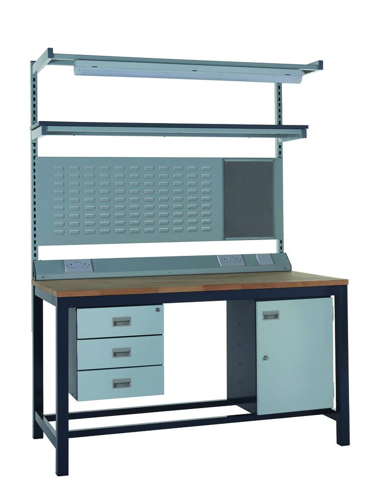 Heavy Duty Workbench Kits with Beech Tops  Get Me Packaging Triple Drawer & Cupboard & Louvred Back Panel & Upper Shelf & Service Duct & LED Light 840 x 1200 x 750 