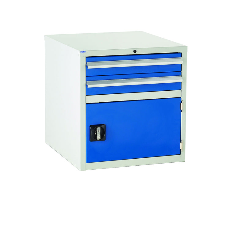 Euroslide Superbench Drawer Cabinets  Get Me Packaging 2 Drawer (100mm ea) & Cupboard (300mm) Blue 