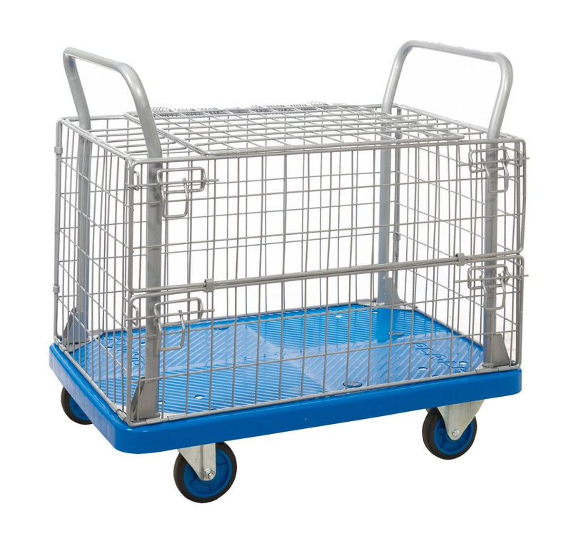 Proplaz Blue Platform Trolleys  Get Me Packaging Mesh Truck with Hinged Lid Top & 1/2 Drop Side 900 x 600 x 210 