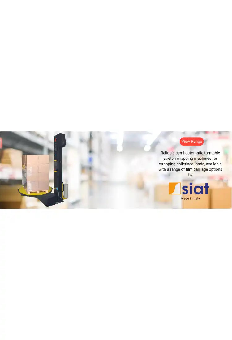 A semi-automatic turntable stretch wrapping machine for palletized loads with various film carriage options.